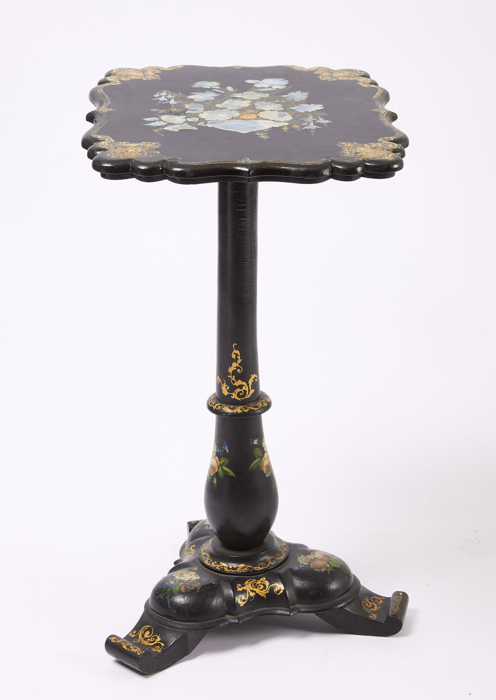 Mother of Pearl Inlay Tilt Top Table: Tilt top table with gilt decoration and mother of pearl inlay. Late 19th century. H 28-1/2" W 15-1/2" D 18". Condition: Minor imperfections. Link to hi-res images: https://www.dropbox.c