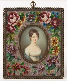 Angelica Kauffmann - Painted Miniature Portrait of a Woman in Beadwork Frame