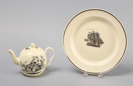 Creamware Teapot, Plate, Mug, and Leeds Salt