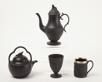 Basalt Coffee Pot, Mug, and Cup with Wedgewood Cognac Pot
