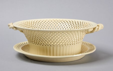 Large Creamware Pierced Basket with Under Tray