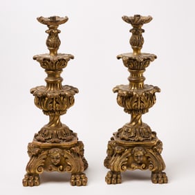 Pair of Carved Wood Gilded Candle Holders