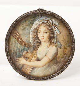 Fine Miniature Portrait of a Girl with Harp – 900 Silver Frame
