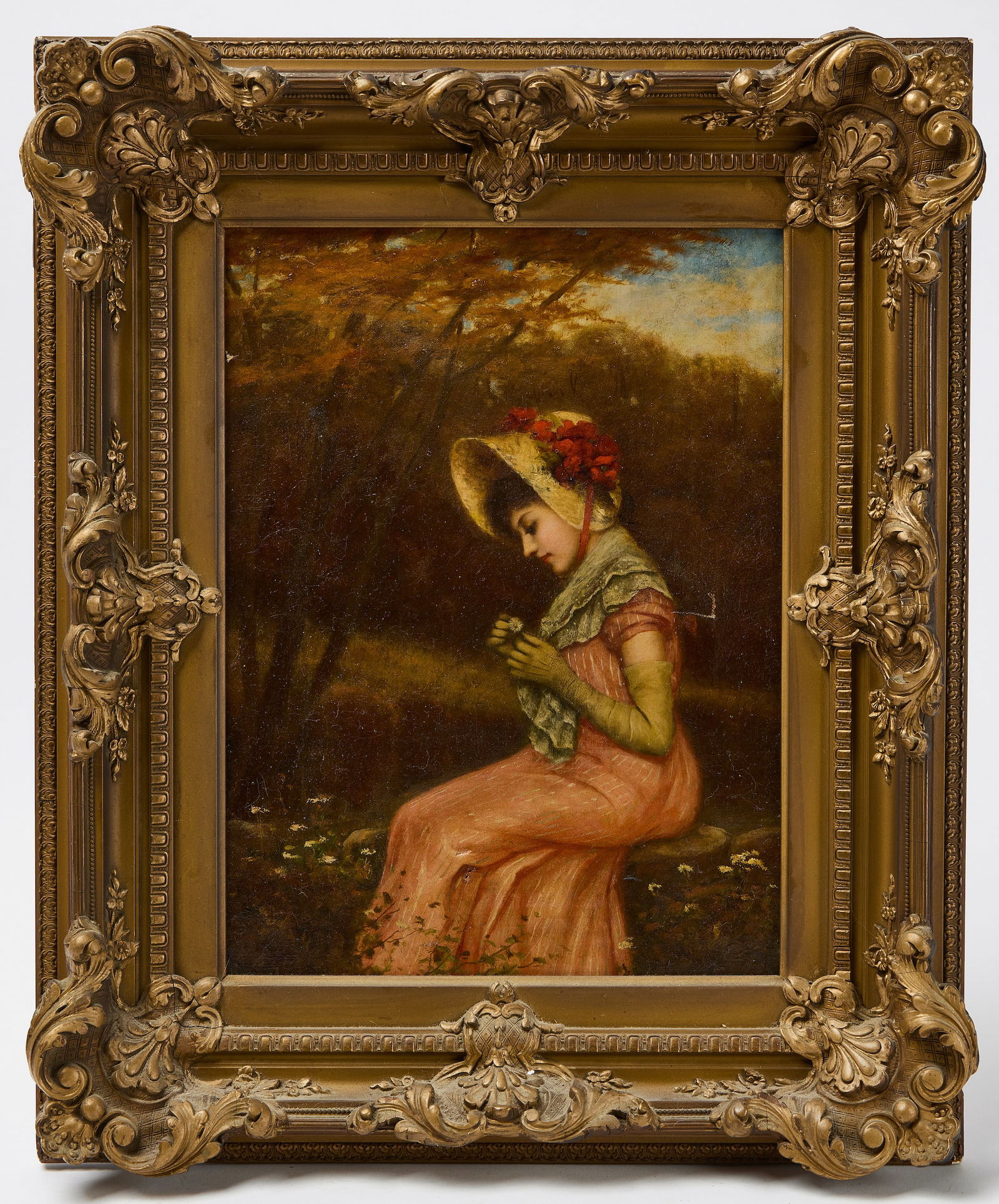 Woman with Flowers: Woman with flowers. Unsigned. Oil on canvas. Frame: H 22-1/2" W 18-1/2". Canvas: 16-1/8" W 12". Condition: Repair on canvas. Link to hi-res images: https://www.dropbox.com/scl