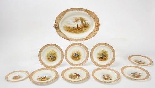 Set of Nine Royal Worcester Game Bird Plates with Serving Platter