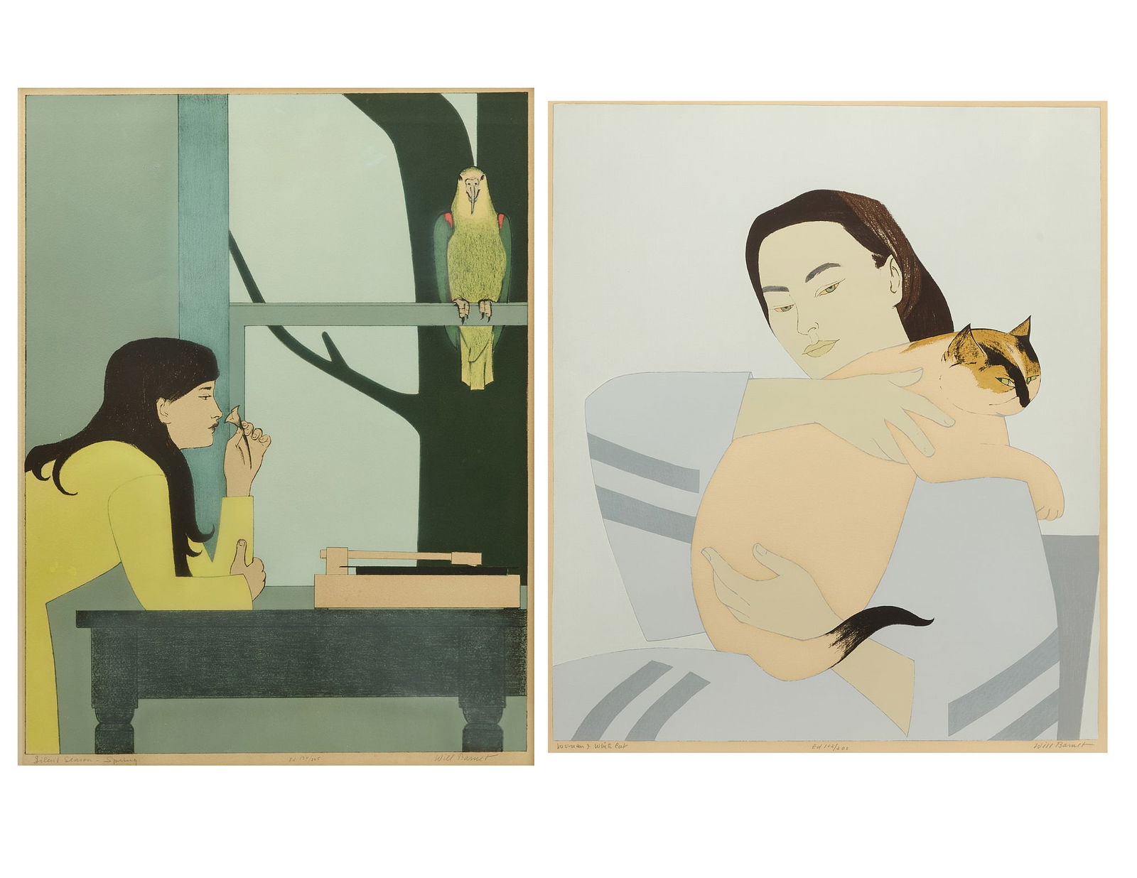 Will Barnet – Two Silk Screen Prints: Will Barnet (1911–2012). Two silk screen prints. The first, 'Silent Season Spring'. Pencil signed LR and numbered 134/225. Together with 'Woman with White Cat'. Pencil
