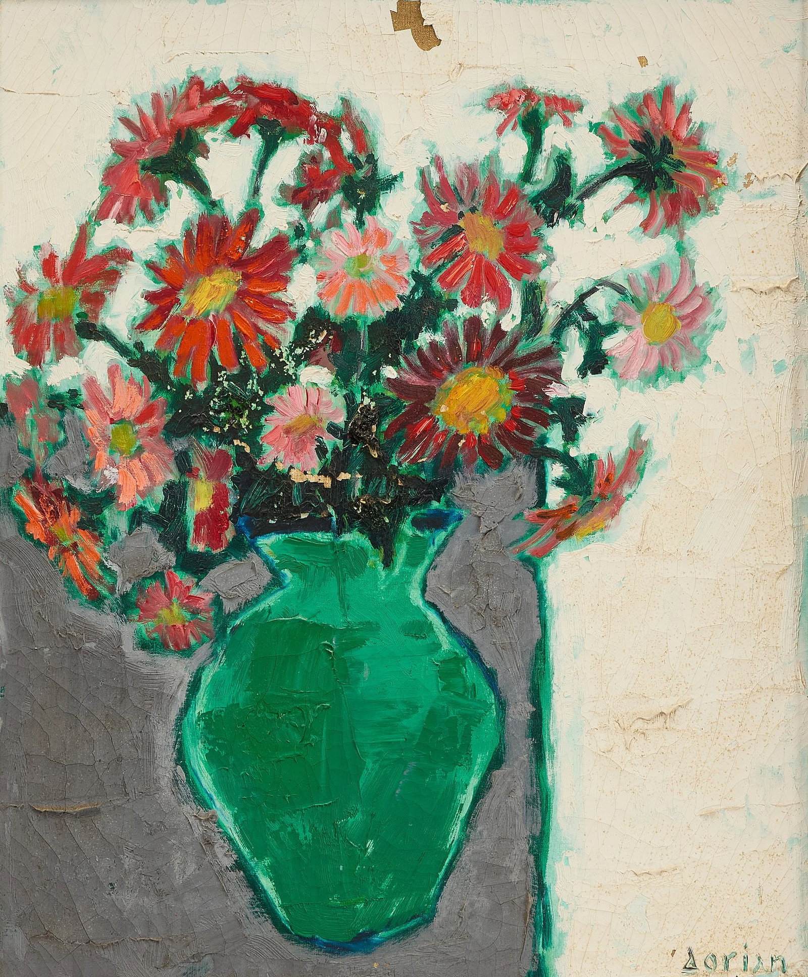 Pierre Dorian Flower Still Life: Pierre Dorian - Flower still life. Oil on canvas. Signed 'A. Orian' LL. French, circa 1940. Frame: H 25" W 22-1/4". Sight: H 17-1/2" W 14-1/2". Condition: Some loss due to flaking. . Link to hi-res im