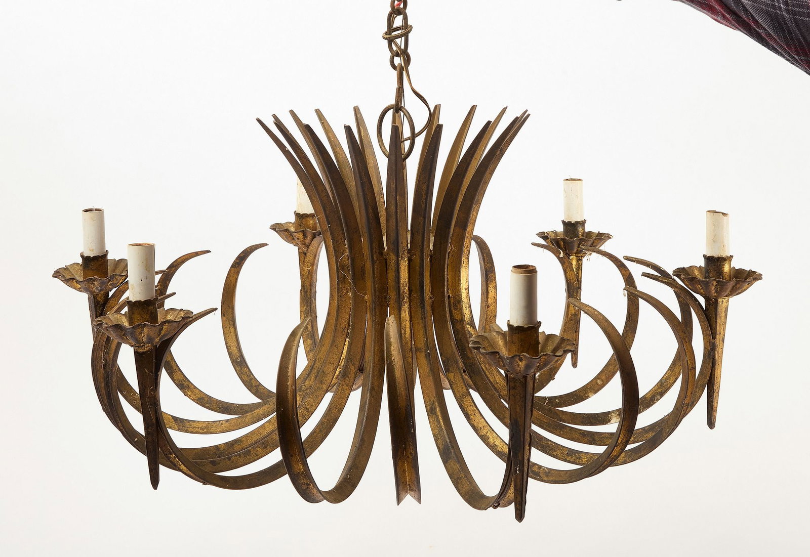 Mid-Century French Gilded Metal Chandelier: Mid-century modern chandelier. Gilded metal. French, circa 1960. H 13" D 28". Condition: Minor surface imperfections. Link to hi-res images: https://www.dropbox.com/scl/fo/itqgv7eprohf
