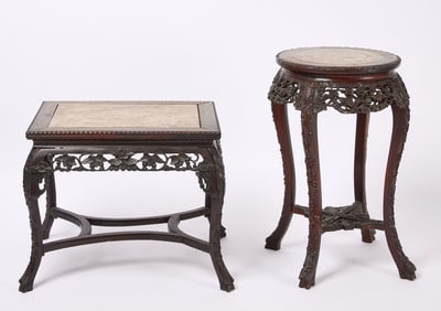 Two Oriental Carved Hardwood Marble Top Tables