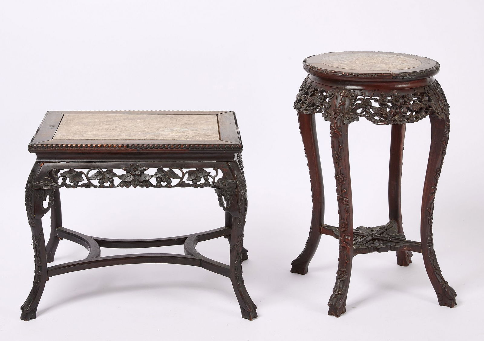 Two Oriental Carved Hardwood Marble Top Tables (1 of 4)