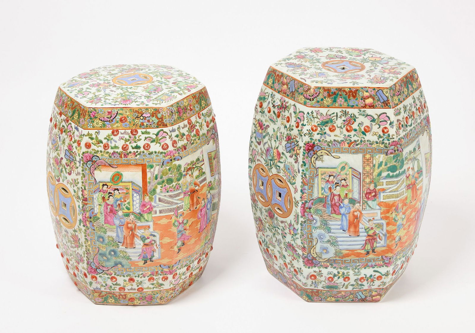 Two Chinese Garden Seats: Two Chinese garden seats. Painted and glazed porcelain. Circa 1900 H 19-1/4" D 12-1/2". H 18" D 12-1/2". Condition: No damage noted. Link to hi-res images: https://www.dropbox.com/