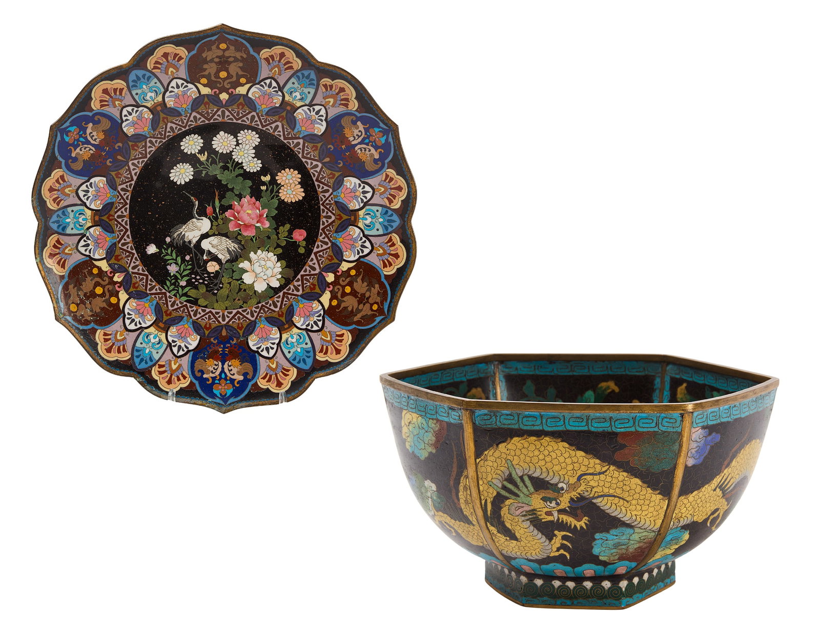 Chinese Cloisonne Enamel Dragon Flying Rice Bowl with Asian Cloisonne Charger: Chinese Cloisonne enamel dragon flying rice bowl. 19th century. Together with Asian Cloisonne charger. Decorated with herons, flowers, and Asian motifs. 19th century. Bowl: H 5-1/2" D 10&quo
