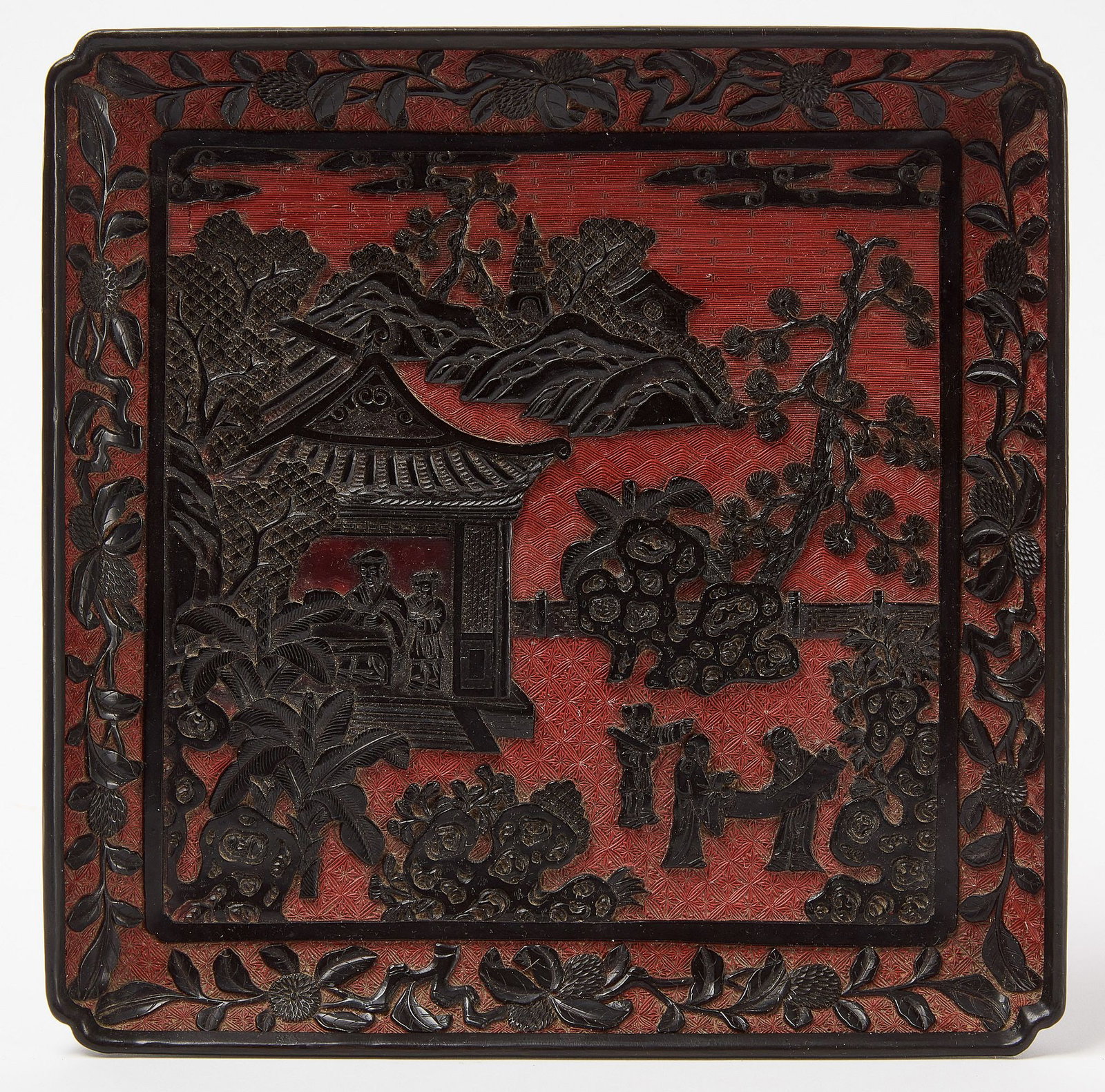 Cinnabar Lacquer Tray: Tray with lacquer over cinnabar ground. H 1-1/4" W 10-3/16" D 10-3/16". Condition: Underside of base lacquer is splitting with some flaking. 