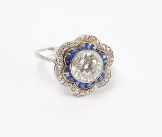 Fine Edwardian Platinum Diamond & Sapphire Ring