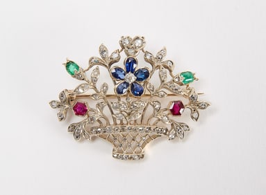 Victorian Multi-Gem Flower Basket Pin