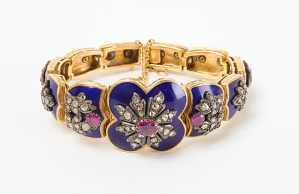 18K Cobalt Blue Enamel and Ruby Plaque Bracelet 18K