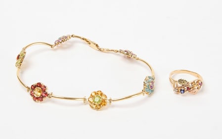 14k Gold Multi Colored Gemstone Ring and Bracelets Set