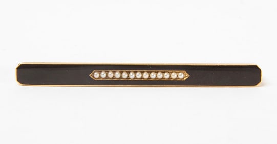 14k Black Enamel Bar Pin with Seed Pearls