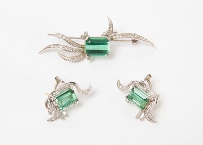 18k White Gold, Diamond and Tourmaline Earrings and Brooch Set