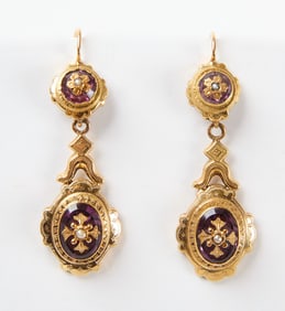 Victorian 18K Yellow Gold Amethyst and Pearl Earrings