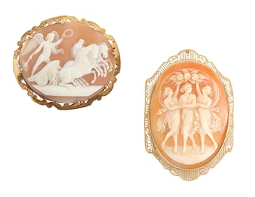 14k Cameo Pin Chariot & Horses Together with 10k Yellow Gold Seashell Cameo Three Muses
