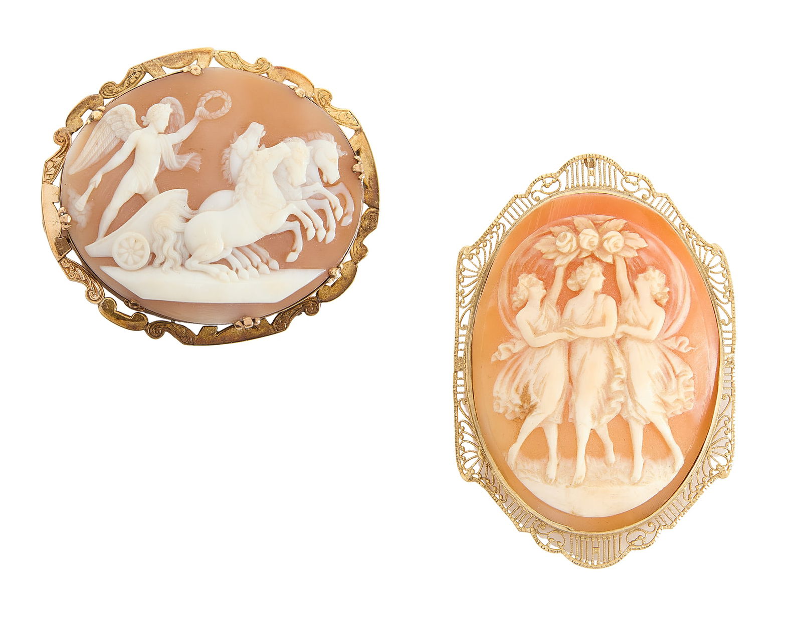 14k Cameo Pin Chariot & Horses Together with 10k Yellow Gold Seashell Cameo Three Muses (1 of 8)