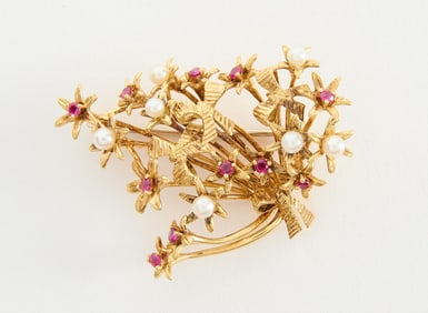 Tiffany & Co. 18k Gold Brooch with Rubies and Pearls