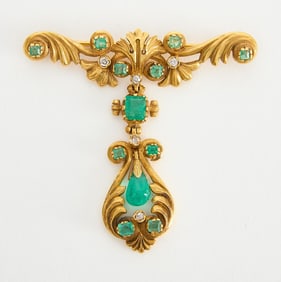 18k Gold Pin with Emeralds and Diamonds