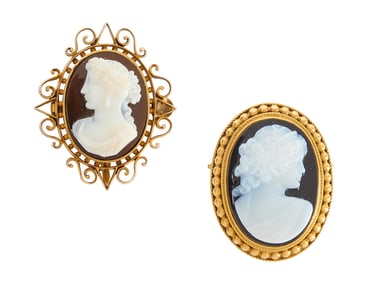 Two 14k Hard Stone Cameo Pins