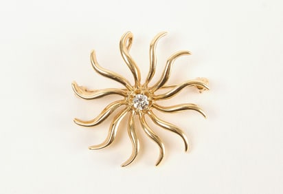 14k Gold Sunburst Brooch with Diamond
