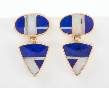 Pair of 14k Lapis and Opal Inlay Dangle Earrings