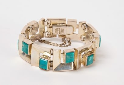 Modernist Taxco Mexico Sterling and Turquoise Bracelet