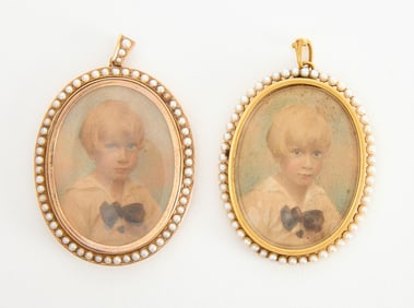 Two 18k Oval Pendants with Early Painted Miniature Portraits