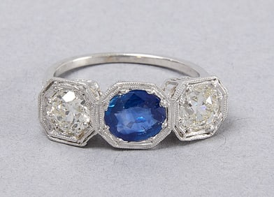 Platinum Three Stone Diamond and Sapphire Ring