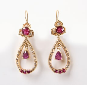 Pair of Earrings with Ruby Colored Gemstones and Diamonds