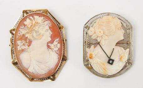Two 14k Gold Cameo Brooches