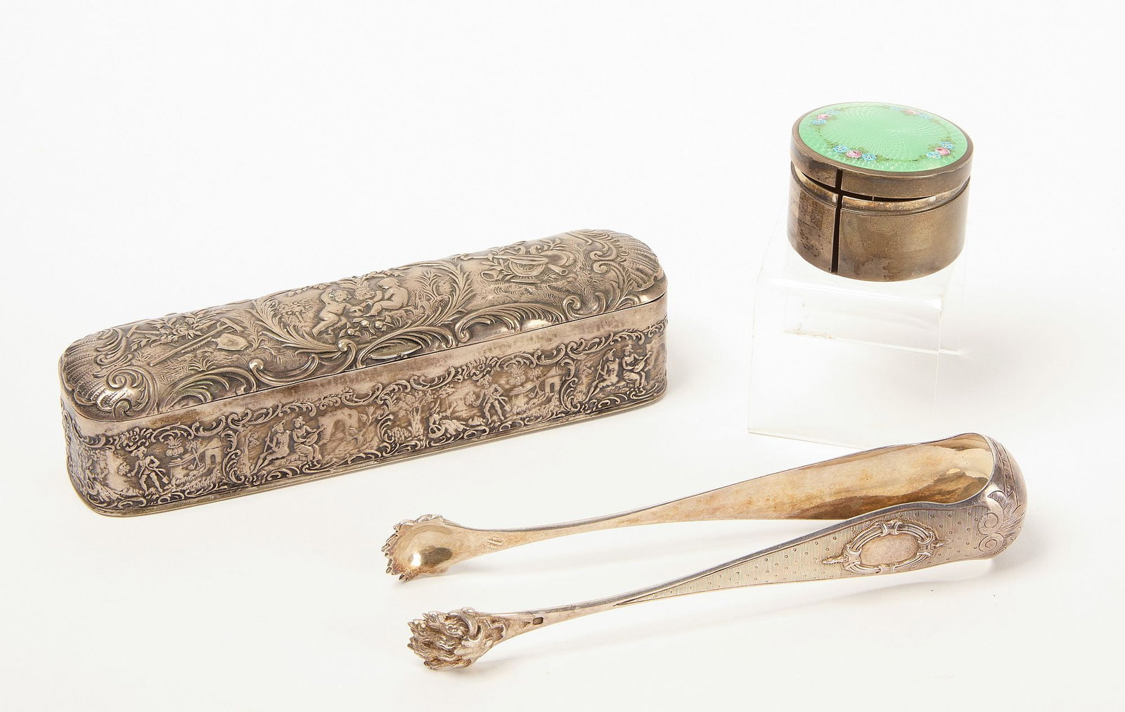 Sterling Box, Tongs and Stamp Box: Sterling Box, Tongs and Stamp Box. L box 6-1/2". 9.47 ozt. Condition: No damage noted.