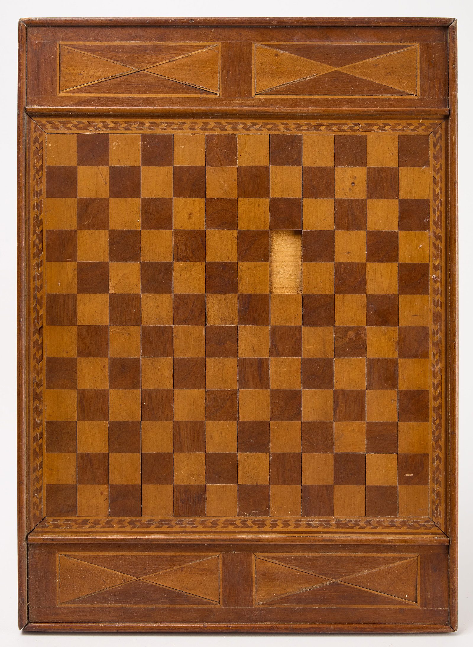 Inlaid Wood Checkerboard: Inlaid wood checkerboard. American, 19th century. L 28-1/4" w 20". Condition: Missing 2 squares. 