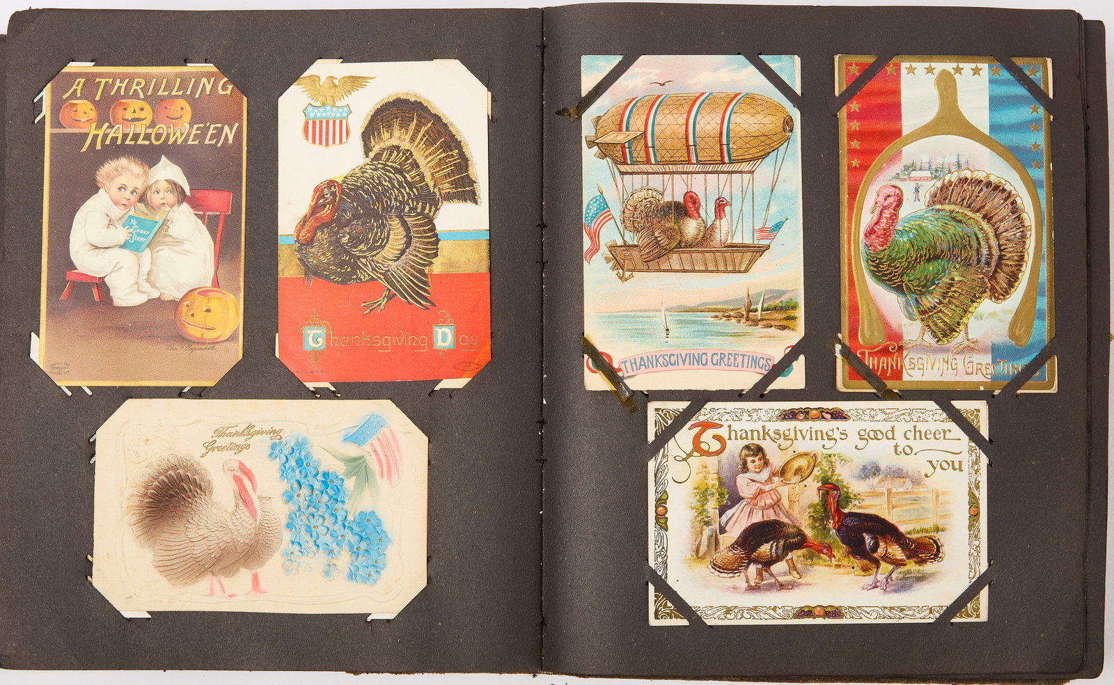 Post Card Album: Post card album with over 140 cards. Includes many Holidays, presidents, forget-me-not, Halloween, etc. No real photo cards, and mostly postally used, but some wonderful chromolithographs, some with a