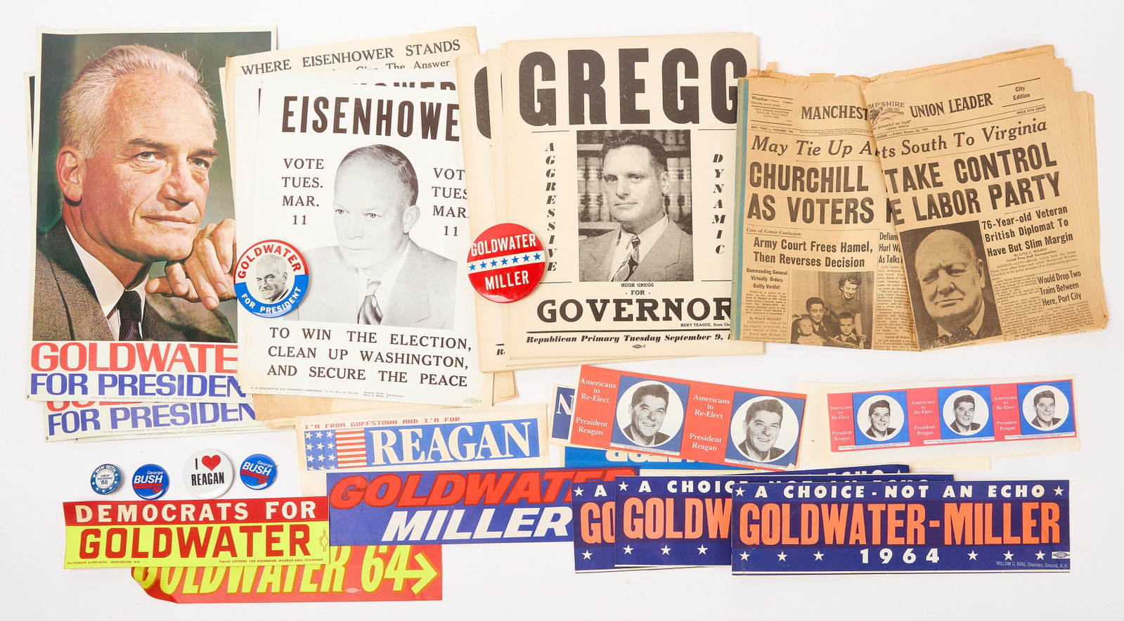 Leather Trunk with Political Memorabilia: Leather trunk filled with political memorabilia. American, circa 1960-80. Condition: Good condition with some varying minor wear. Creases and folds in ephemera may be present. 