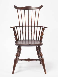 Wallace Nutting Comb Back Windsor Armchair: Wallace Nutting comb back Windsor armchair. Retains original paper label under seat. American, early 20th century. H 38-3/4" W 22" D 16-1/2". SH 18". Provenance: Collection of Lind