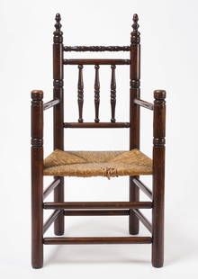 Wallace Nutting Carver Armchair: Wallace Nutting carver armchair. Script signed Wallace Nutting on back stretcher. American, early 20th century. H 46-3/4" W 24" D 18". SH 18". Provenance: Collection of Linda B. Pa