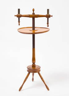 Wallace Nutting Candlestand: Wallace Nutting candlestand. Tiger maple construction with block brand 'Wallace Nutting'. American, early 20th century. H 36-1/2"Â D 14-1/4". Provenance: Collection of Linda B. P
