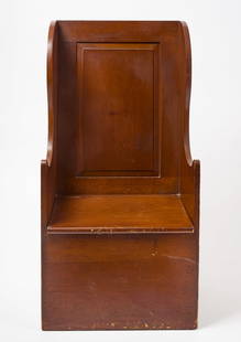Wallace Nutting Settle Chair: Wallace Nutting settle chair. Pine construction. Retains original Framingham paper label underneath and block branded. American, early 20th century. H 47-1/4" W 24-1/8" D 19". Provenanc