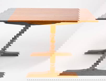 Wallace Nutting Trestle Table: Wallace Nutting trestle table. Pine construction. Block branded underneath top. American, early 20th century. H 29-1/2" W 42-1/8" D 30-1/8". Provenance: Collection of Linda B. Palmer. C