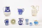 Two Salt Glazed Pitchers and Wedgewood Group