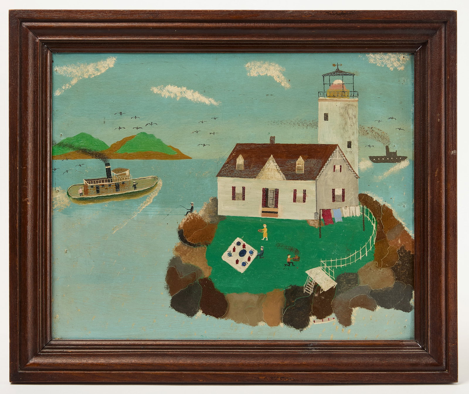 John Wodal – Naive Folk Art Painting: John Wodal. Naive folk art painting. Oil on paper board. Inscribed on verso: 'Painted by John Wodal, father of Ann Wodal Strickland'. Maine, circa 1910. Frame: H 20" W 24". Sigh