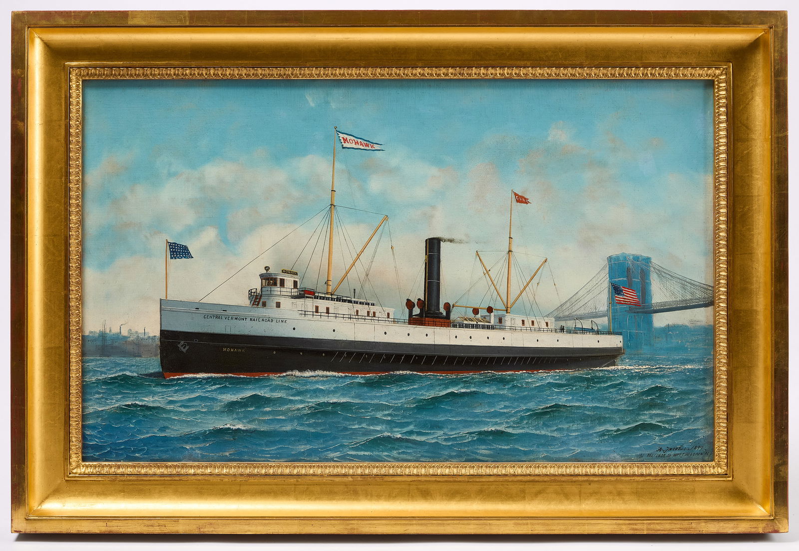 Antonio Jacobsen – Mohawk: Antonio Jacobsen (1850–1921). Central Vermont Railroad Line ship Mohawk. Oil on canvas. Signed, inscribed '31 Palisade Av. West Hoboken N.J.' and dated LR. American, 1899. Fram