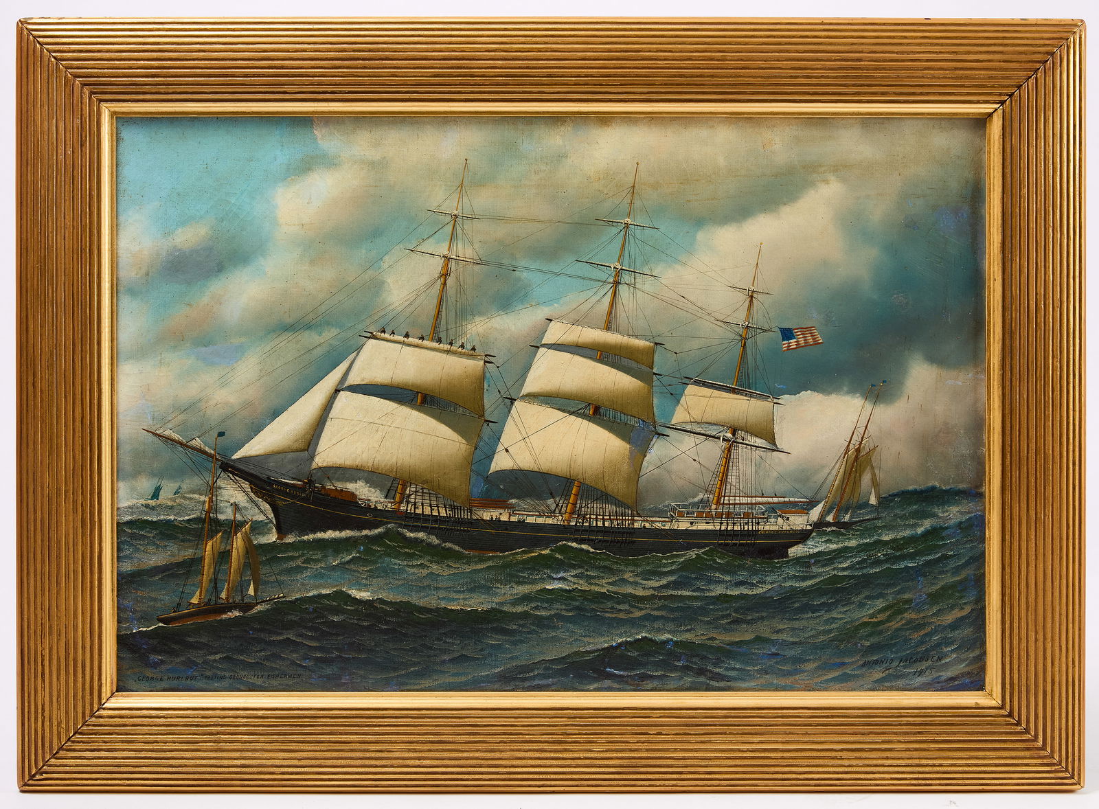 Antonio Jacobsen - George Hurlbut: Antonio Jacobsen (1850–1921). George Hurlbut, Passing Gloucester Fishermen. Oil on canvas. Signed and dated LR. American, 1915. Frame: H 31" W 43". Sight: H 24-1/4" W 36". Co