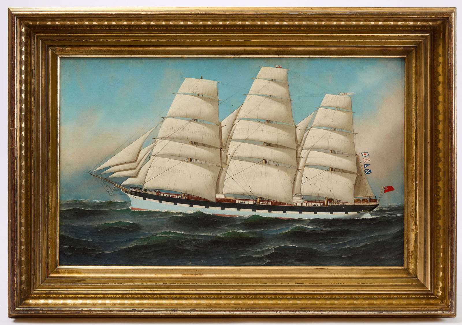 Antonio Jacobsen – Nebo: Antonio Jacobsen (1850–1921). Sailing ship Nebo. Oil on canvas. Signed LR. American, 1891. Frame: H 31-1/2" W 45-3/4". Sight: H 22" W 36". Condition: Inspected under UV light